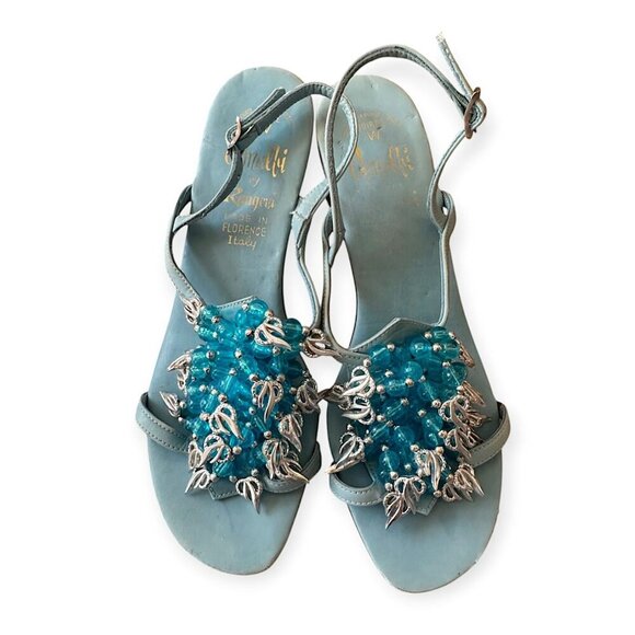 Vintage 60s Amalfi by Rangoni Beaded Mod Heel Sandals 5.5M – Blue, Made in Italy - Picture 3 of 15